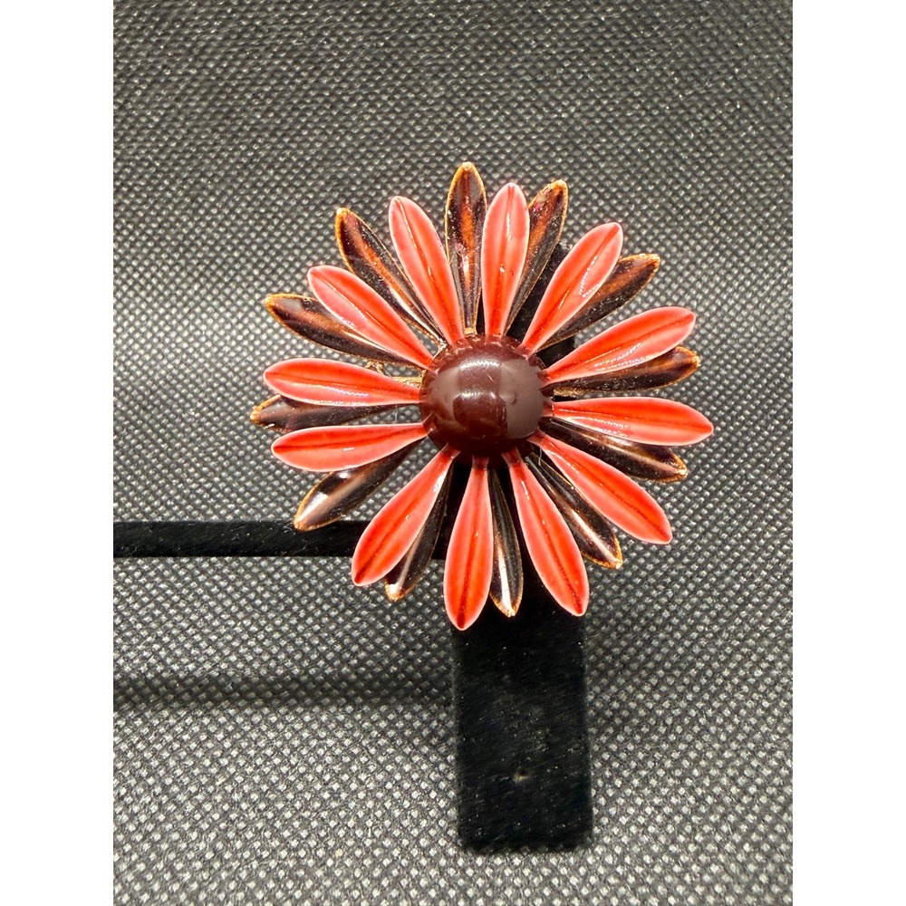Vintage Enamel Flower Brooch Orange Brown Two Tone Daisy Floral Pin 2.25 Inch